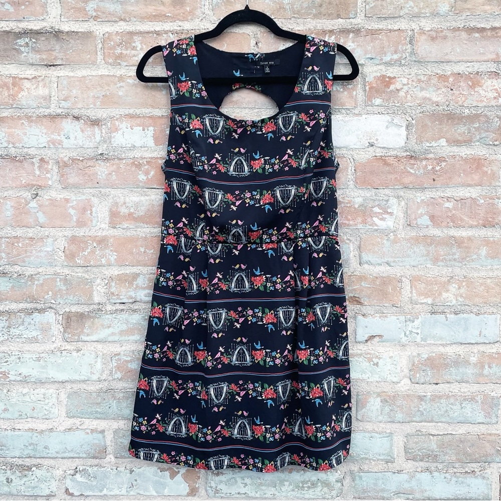 Three Ena Dress Black Twee Bird Floral Print Stretch Shift Dress Modcloth - Picture 2 of 11